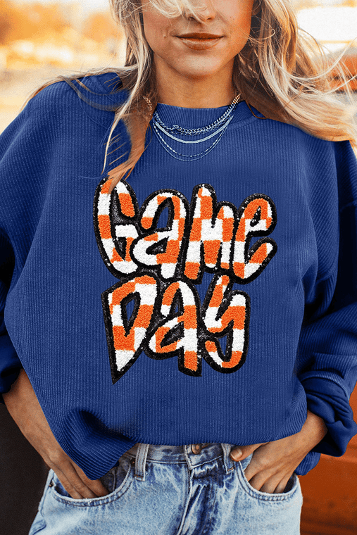 Dark Blue Chenille Checkered Game Day Graphic Drop Shoulder Corded Sweatshirt T543-8798853464306