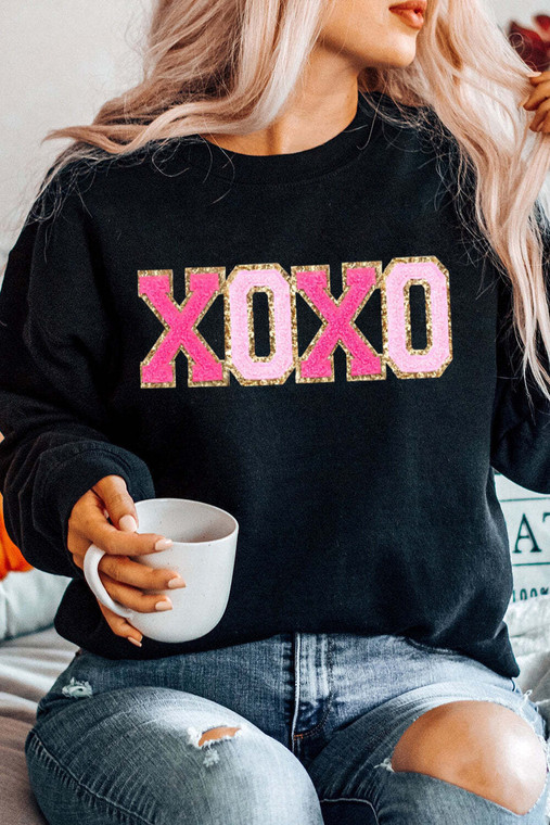Black Chenille XOXO Patched Drop Shoulder Valentines Pullover Sweatshirt T543-8793139970290