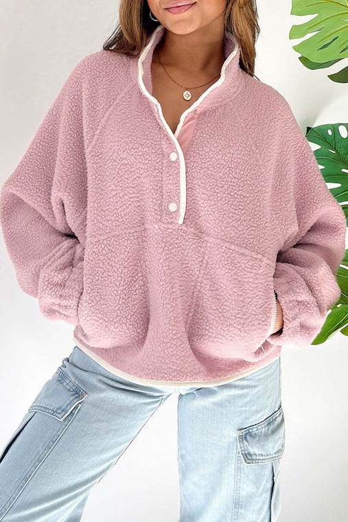 Fushia Stand Neck Half Button Zip Pocket Plush Sweatshirt T543-8798845501682