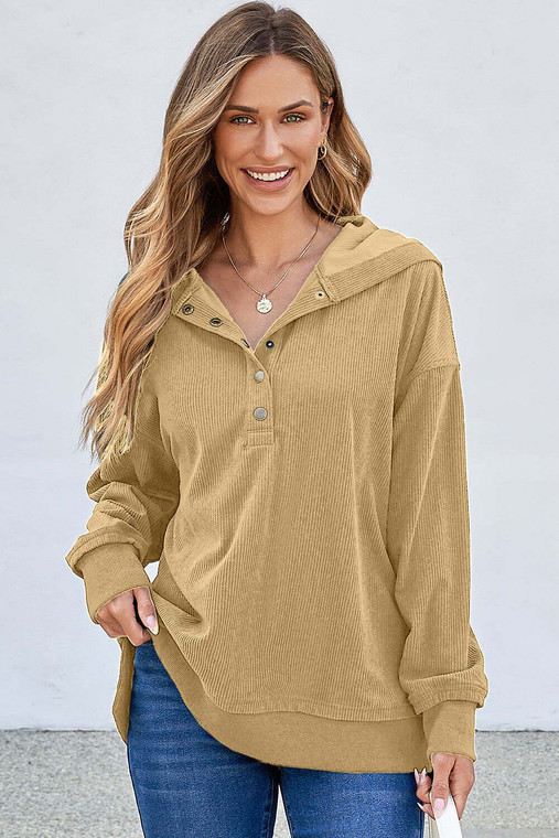 Simply Taupe Solid Ribbed Knit Buttoned Drop Shoulder Oversized Hoodie T543-8797464625394