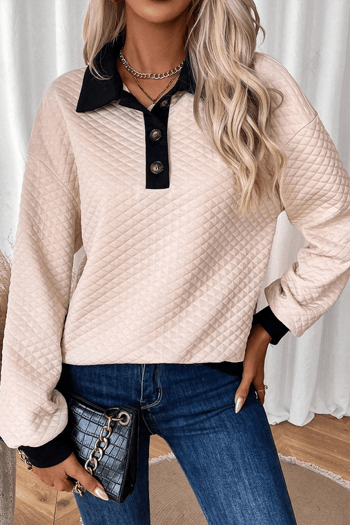 Oatmeal Textured Colorblock Edge Buttoned Collar Sweatshirt T543-8786255773938