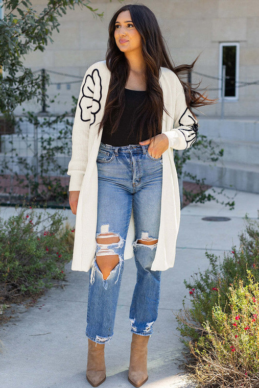 Beige Flower Embroidered Drop Shoulder Open Front Duster Cardigan T543-8797442736370