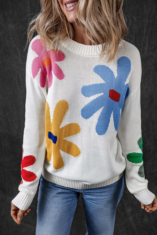 White Colorful Big Flower Pattern Crewneck Sweater T543-8797424550130