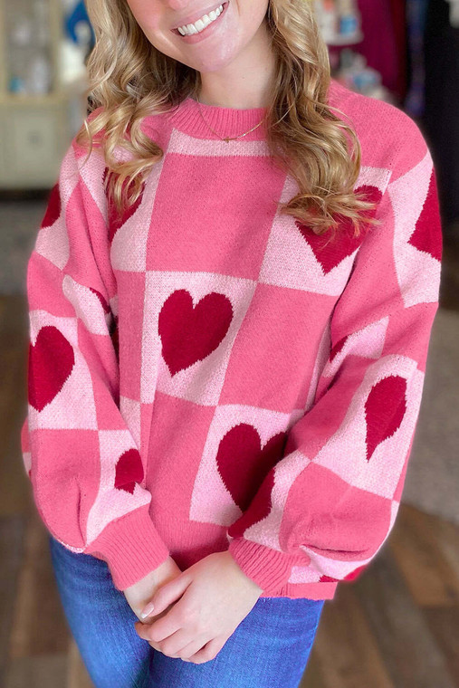 Pink Love Heart Checkered Valentine Crew Neck Sweater T543-8793118114034