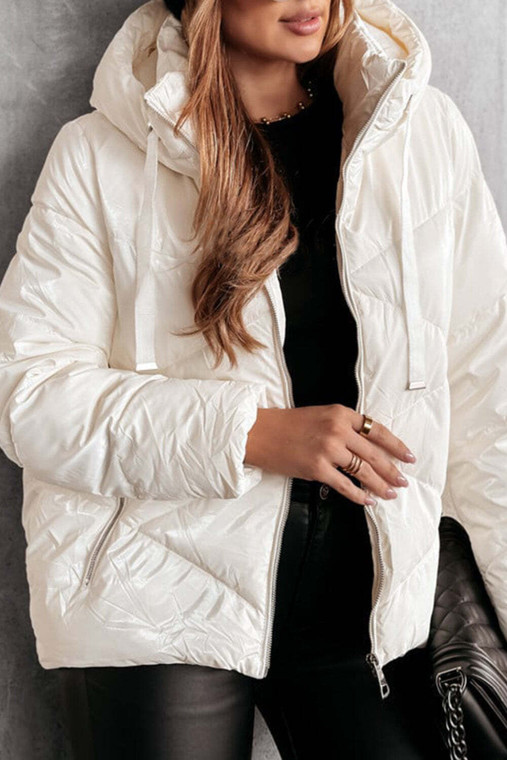 White Solid Quilted Hooded Zip Up Puffer Coat T543-8783400763634