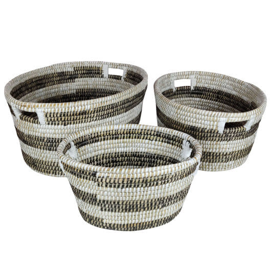 Natural Canes Grass Baskets Stackable Storage Bins Set of 3 with Hollowed Handles B593-JZ10264