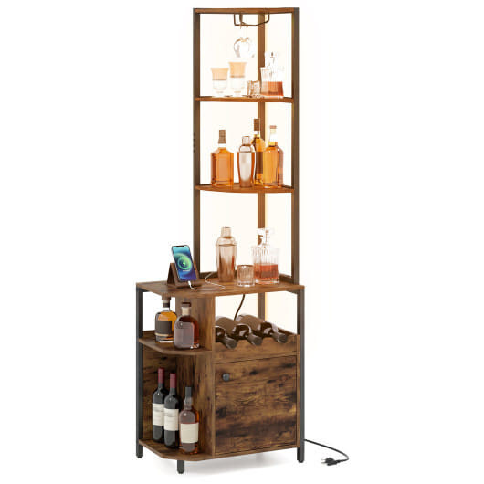 6-Tier Corner Bar Cabinet with LED Lights and Charging Station for Kitchen-Rustic Brown B593-JV13511US