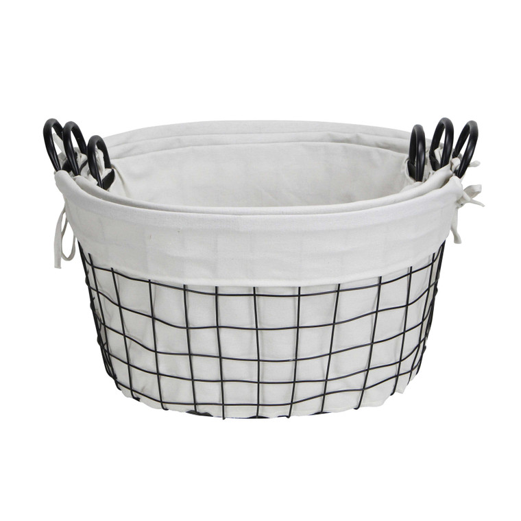 Set Of Three Black Oval Wire Baskets with White Fabric Liners and Handles N270-379831