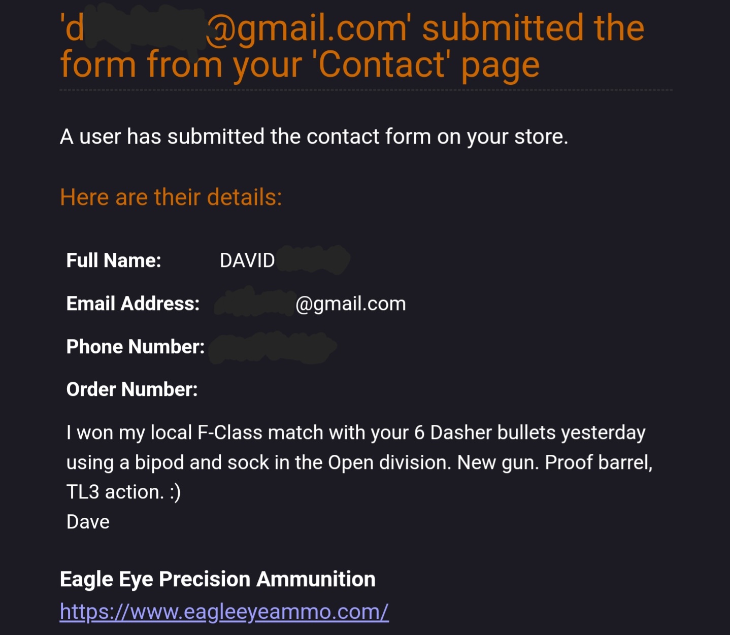 Dave F. Wins Local F- Class Open Match with 6 Dasher 105gr Ammo