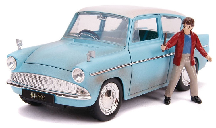 Harry Potter Figure & 1959 Flying Ford Anglia Deluxe 105E 1:24 Scale Die-Cast Model and Figure