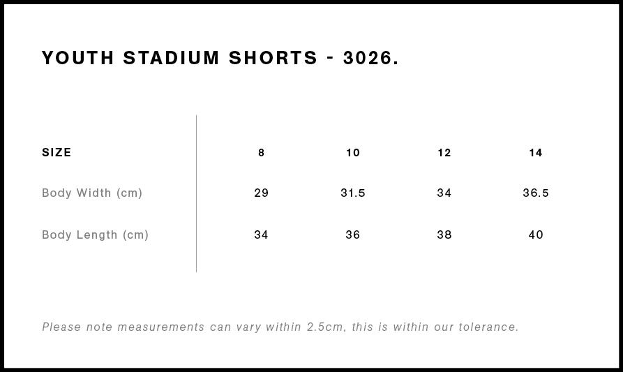 Youth Stadium Shorts 3026S size guide