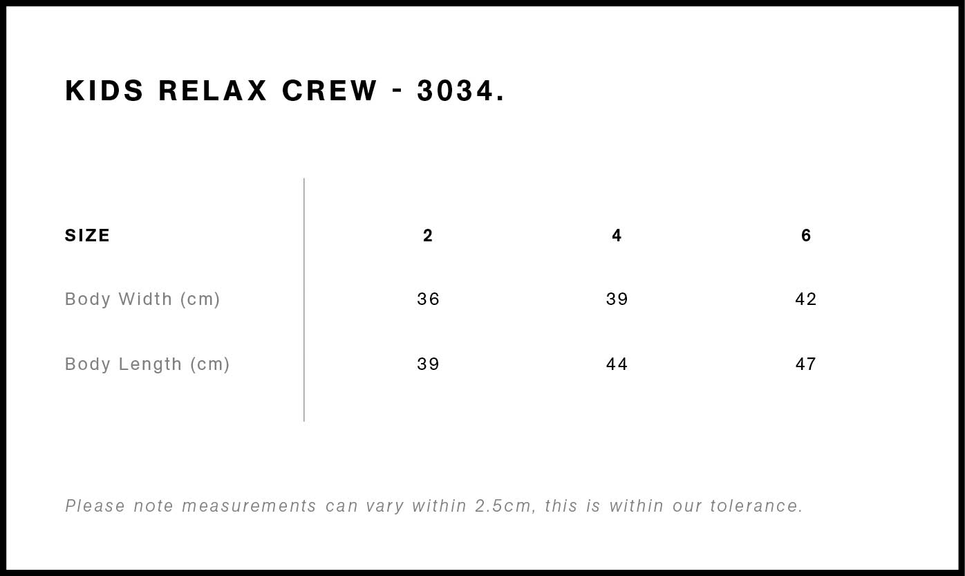 Kids Relax Crew size guide