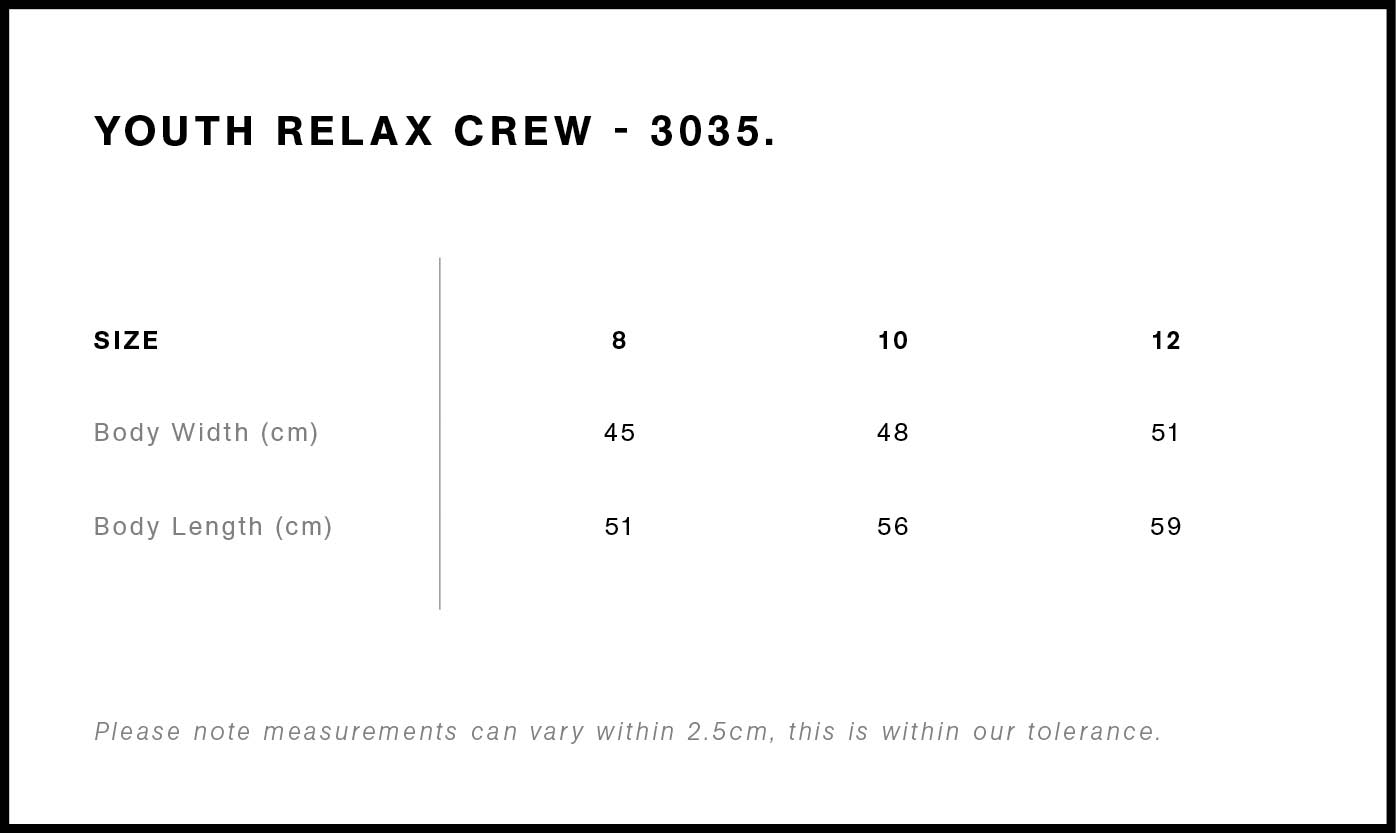 Youth Relax Crew size guide