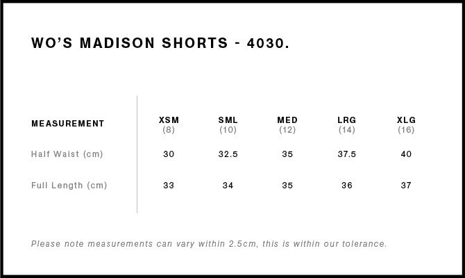 Madison Shorts 4030S size guide