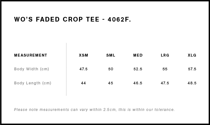 Wo's Faded Crop Tee 4062FS size guide