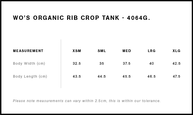 Women's Organic Rib Crop Tank size guide