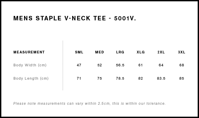 Staple V Neck Tee size guide
