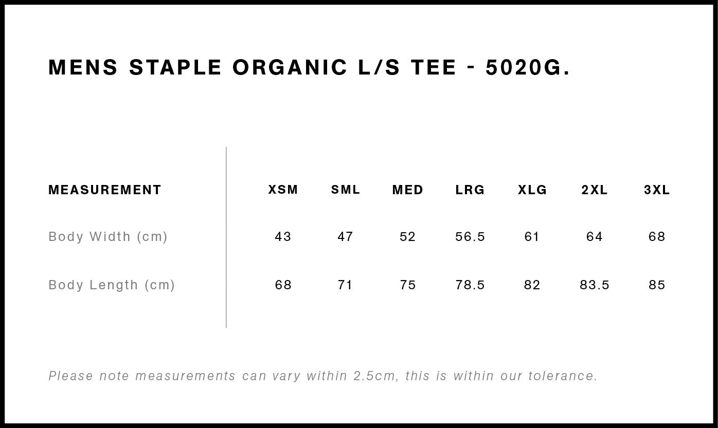 Staple Organic Long Sleeve Tee size guide