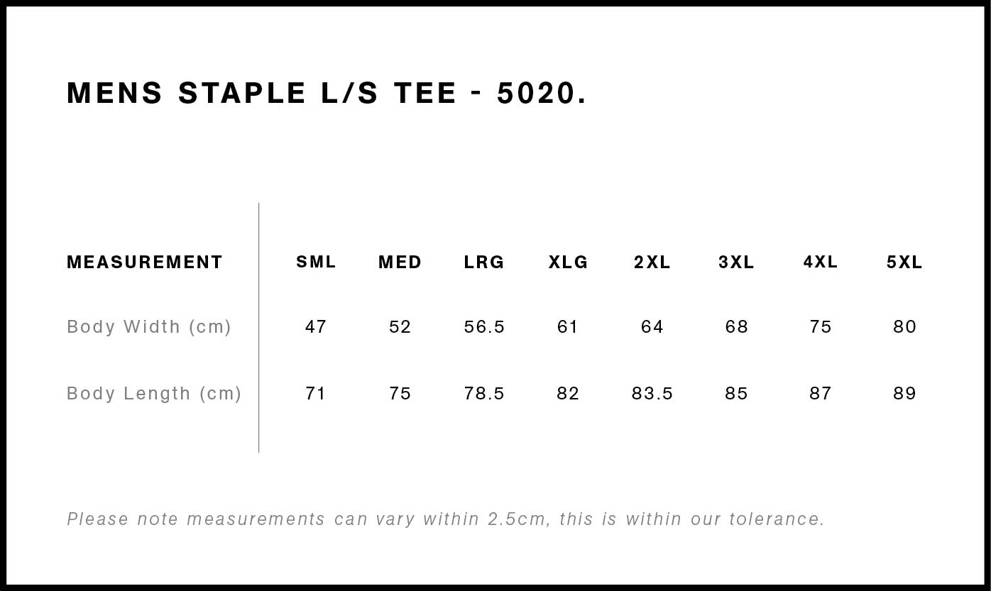 Staple Long Sleeve Tee size guide