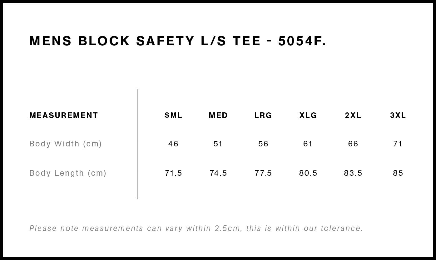Block Safety Long Sleeve Tee size guide
