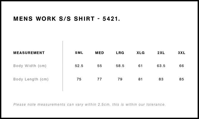 Work S/S Shirt 5421S size guide