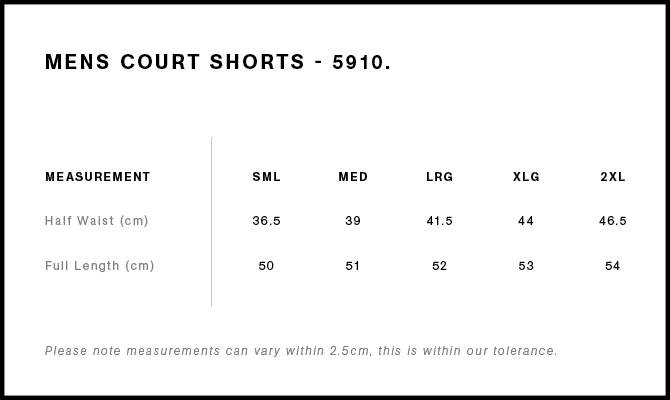 Court Shorts 20" 5910S size guide