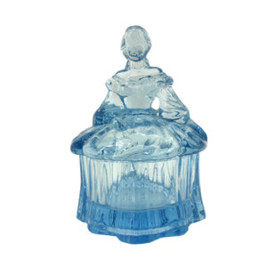 Westmoreland Glass Co. Aquamarine Blue Vanity Powder Box | Lady with Hoop Skirt | Vintage Westmoreland Glass Co. Aquamarine Blue Vanity Powder Box | Lady with Hoop Skirt | Vintage