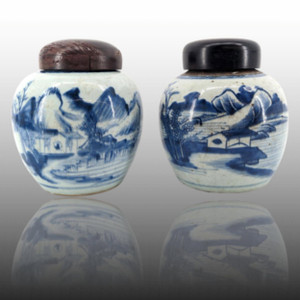 Antique Chinese 2 Pot Set | Blue & White Pottery | Wood Lids Antique Chinese 2 Pot Set | Blue & White Pottery | Wood Lids