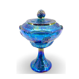 Carnival Glass Pedestal Candy Dish | with Lid | Iridescent | Grape Harvest Indiana Glass | Vintage Carnival Glass Pedestal Candy Dish | with Lid | Iridescent | Grape Harvest Indiana Glass | Vintage