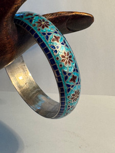 Cloisonné Hand Created Flower Bangle Bracelet | Blue | 925 Silver | NWT