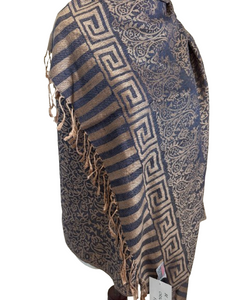 Navy Floral/Greek Key Cashmere Scarf | 72" x 28" | Made in Jerusalem | NWT