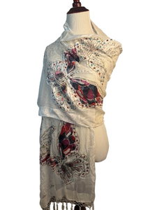 Butterfly Burned White Velvet Beaded Wrap | Beaded & Tassel Fringe | 60" x 20" | New Butterfly Burned White Velvet Beaded Wrap | Beaded & Tassel Fringe | 60" x 20" | New