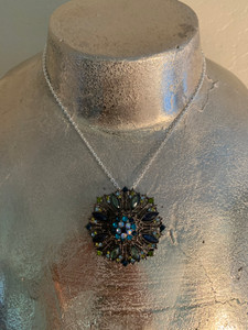 Green & Blue Pendant (or pin) set in Gun Metal Gray | Vintage Green & Blue Pendant (or pin) set in Gun Metal Gray | Vintage