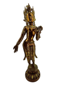 This beautiful Copper Tara sculpture is in good condition with wear commensurate with age. No major damage to notate. Some tarnish to the patina. This beautiful Copper Tara sculpture is in good condition with wear commensurate with age. No major damage to notate. Some tarnish to the patina.