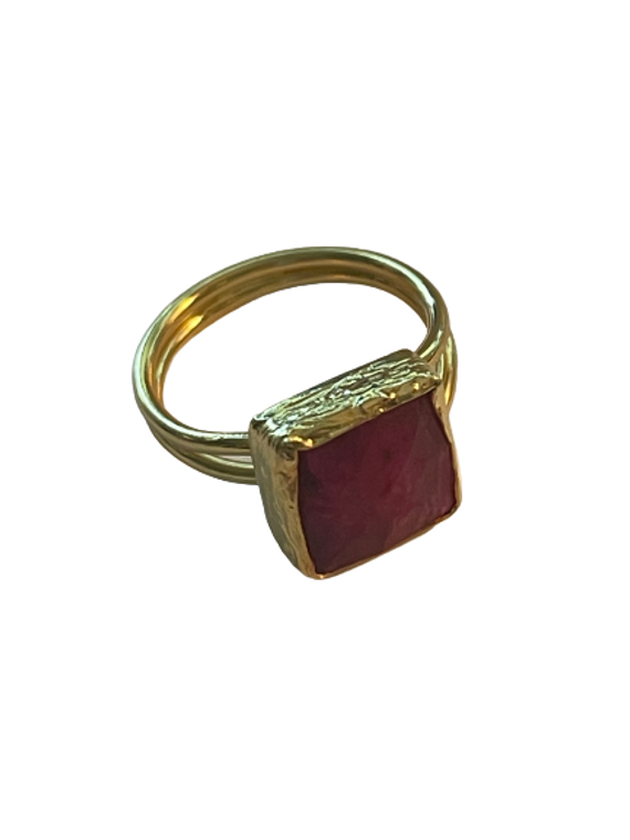 Ruby Square Ring | Adjustable Size | Gold over Brass | New with Tags