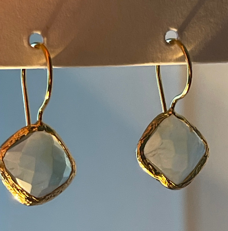 Aquamarine Diamond Shape Earrings Surrounded in Gold | 1" Dangle Drop | NWT