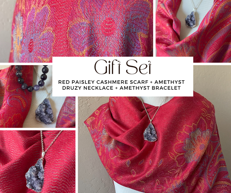 Gift Set: Red Paisley Cashmere Scarf + Amethyst Druze Geode Necklace + Bracelet. NWT