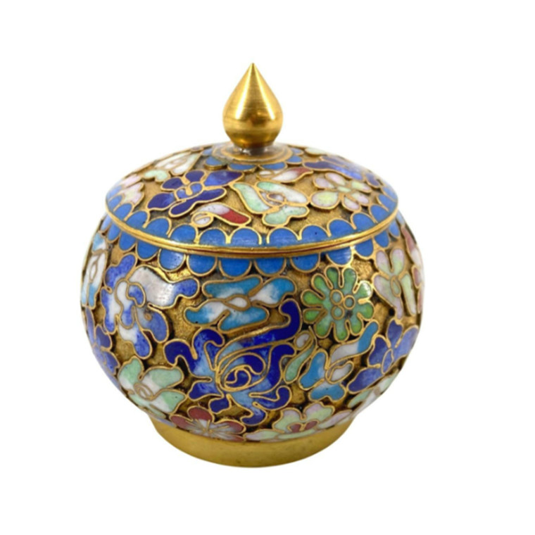 Cloisonné Round Pot with Lid | Raised Cloisonné | Vintage