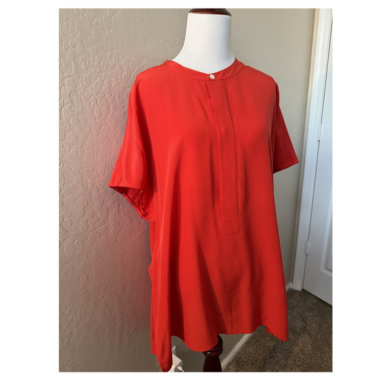 Ralph Lauren Red Silk Blouse or Tunic | Deep Placket | Finished Side Slits | XL