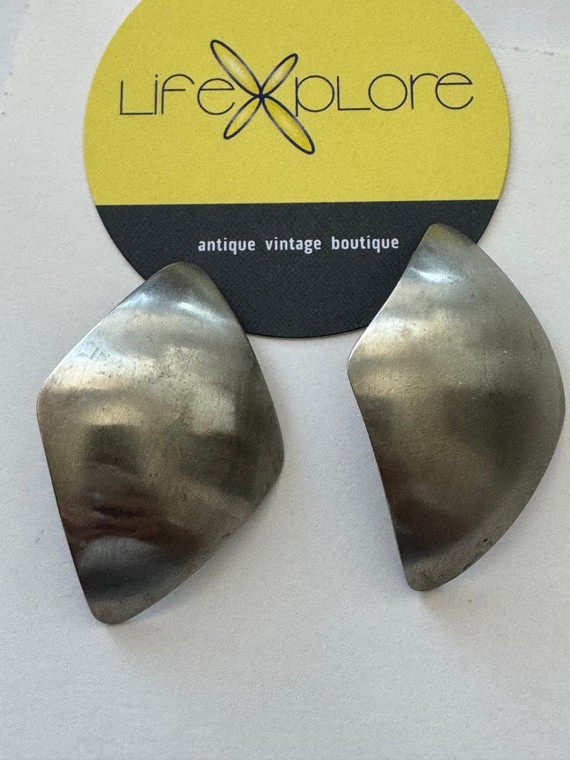Contemporary Brushed Silver Elongated Rectangle Earrings | Vintage