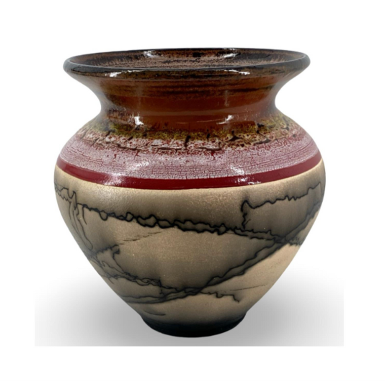 Roger Calhoun Horsehair Raku Pottery Vase | Red Glazed | Vintage