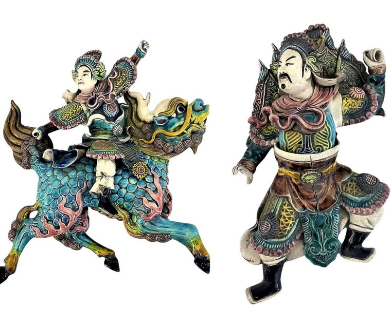 Set of 2 | Lady Warrior Riding Dragon Matched with Warrior | 19C Chinese Roof Tiles | Antique