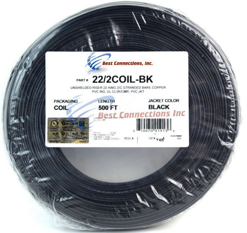 22 Gauge 2 Conductor 500 Feet Stranded Copper Alarm Wire Black Jacket UL Rated