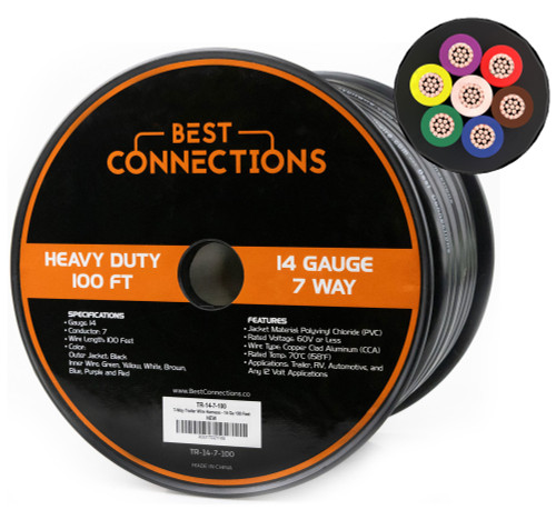 BEST CONNECTIONS Heavy Duty 14 Gauge 7 Way Trailer Wire (100 Feet) TR-14-7-100