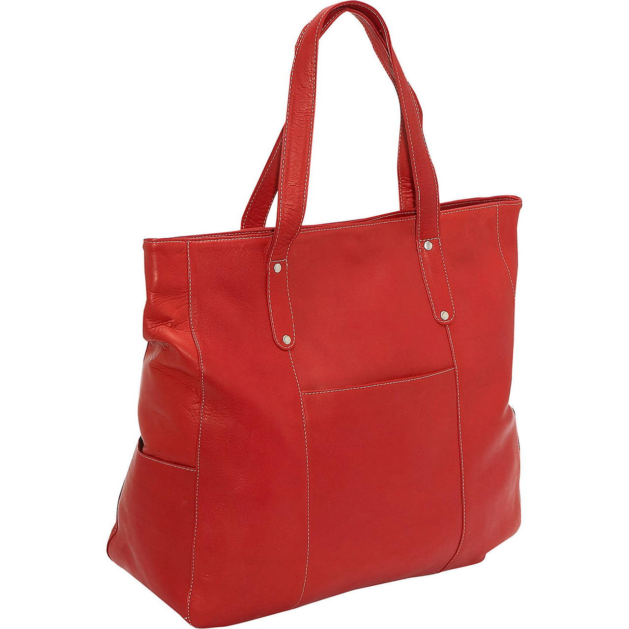 Large leather shop tote with pockets