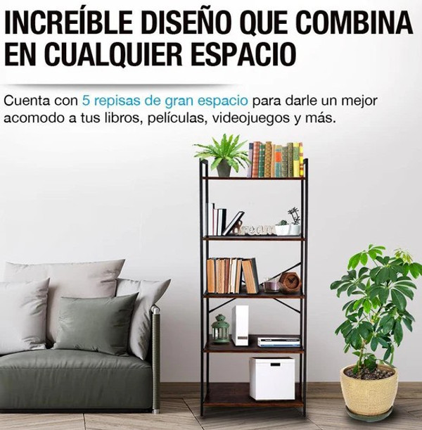 Librero Organizador Minimalista de Madera y Acero Inoxidable de 5 Repisas