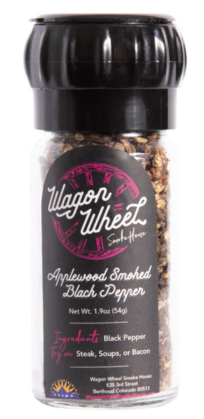 Apple Wood Smoked Black Pepper is combines the sharp bite of fresh pepper and nice level of smoke which brings out a deep rich flavor. Smoked Black Pepper is made by placing cracked black pepper on screens and is placed into a smoker for 4 to 5 hours using Colorado fruit wood, after cold smoking for this amount of time the desired flavor is achieved. This makes a great table pepper replacement weather it is used on eggs, bacon, salad, or anything else. It comes in a reusable glass grinder. 

Ingredients- Black Pepper 