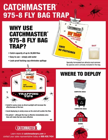 Catchmaster Fly Bag with field guide for effective fly trapping in outdoor settings.