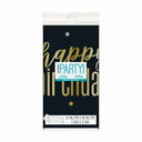Black and gold Happy Birthday table cover (54 in x 84 in)