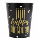 Black and gold birthday party cups shown together